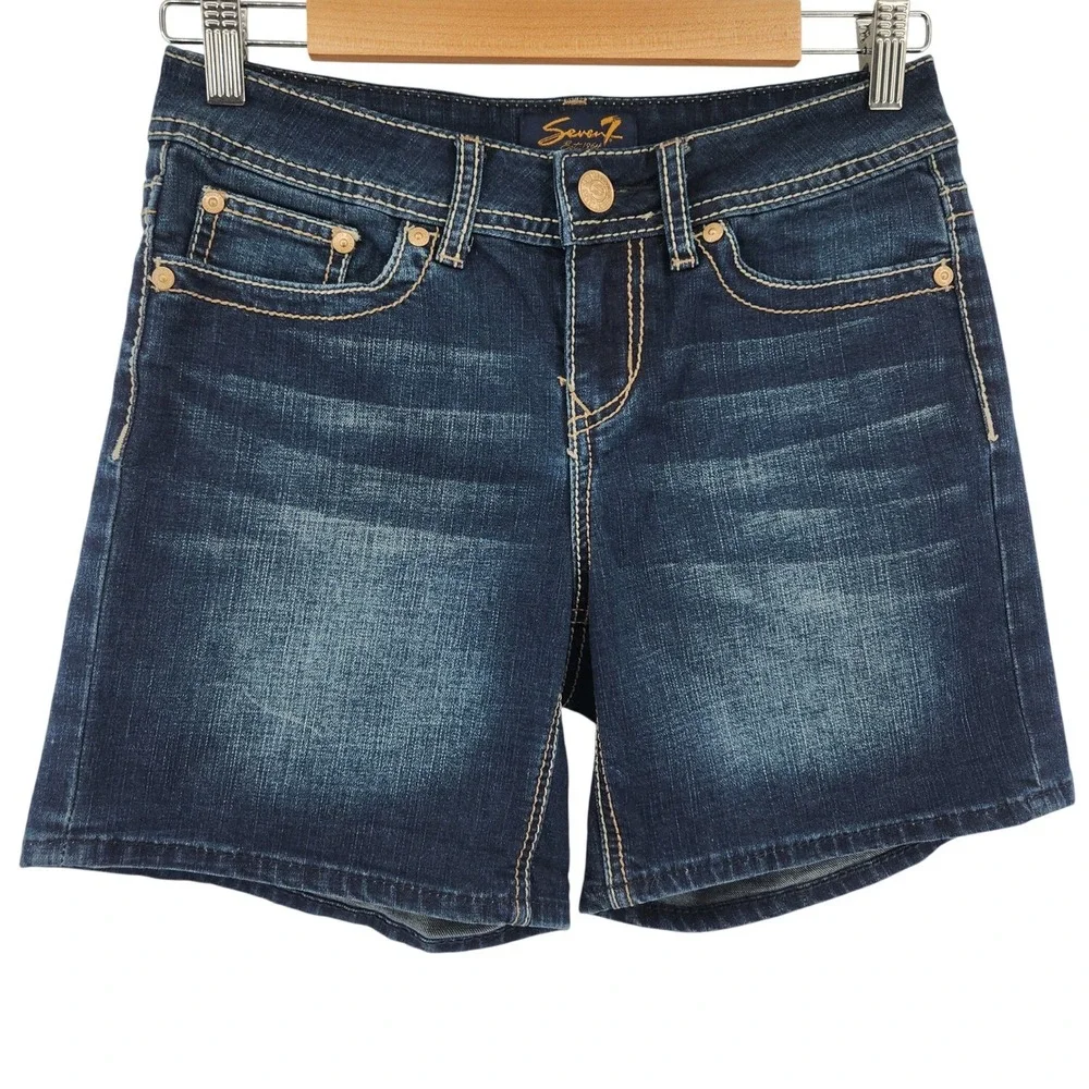 Seven7 Denim Shorts Womens 4 Embroidered Pockets Dark Wash Stretch Jean Shorts